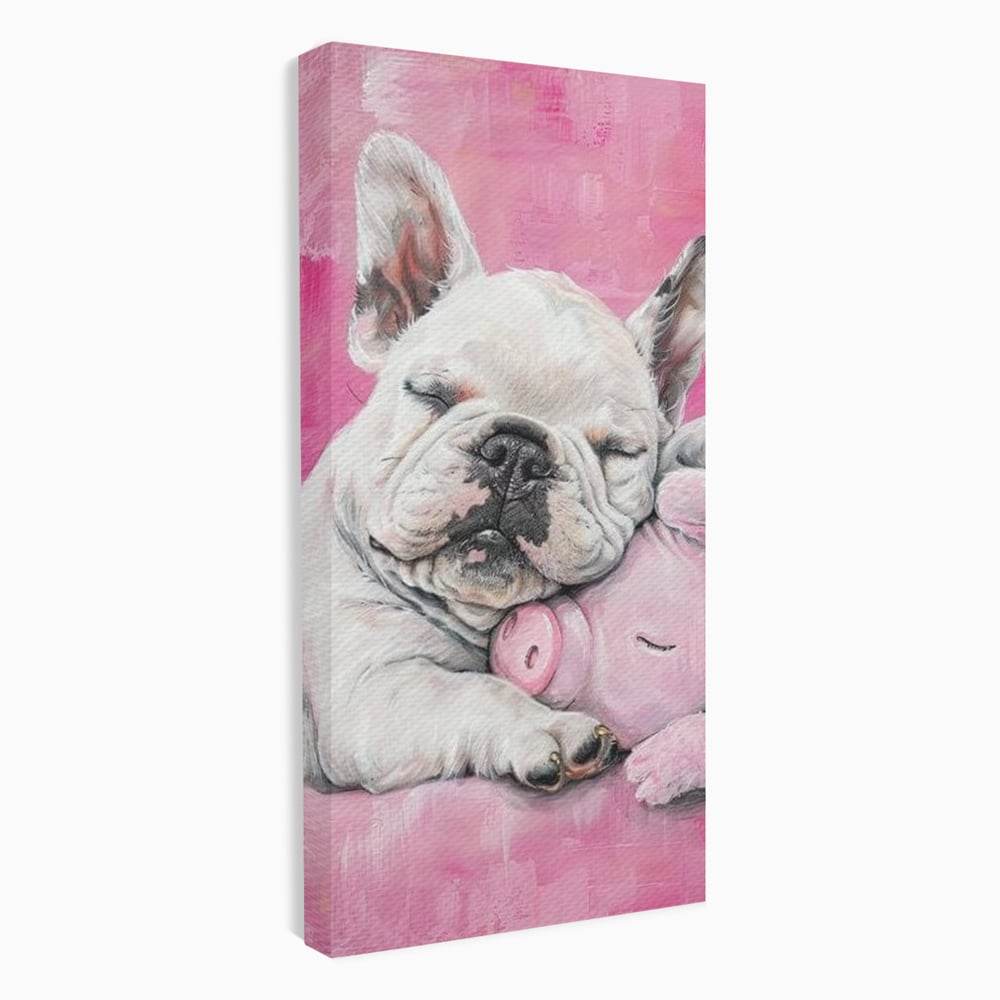 Tablou Canvas Premium, LuxCanva® M1253, Parteneri de Vise, Porcusor, Bulldog, Caine, Pui, Roz, Somn, Vis, Dragalas, Imbratisare, Prieteni, Birou, Living, Camera Copil