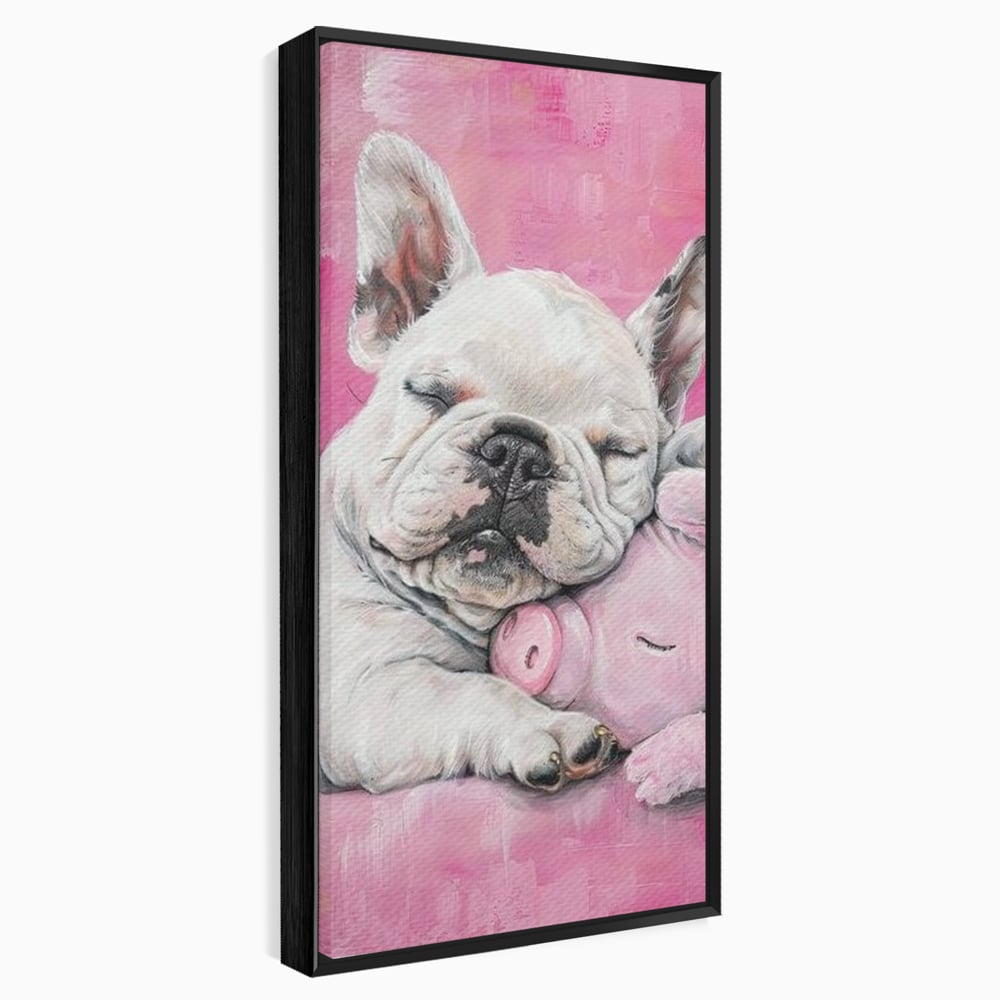 Tablou Canvas Premium, LuxCanva® M1253, Parteneri de Vise, Porcusor, Bulldog, Caine, Pui, Roz, Somn, Vis, Dragalas, Imbratisare, Prieteni, Birou, Living, Camera Copil