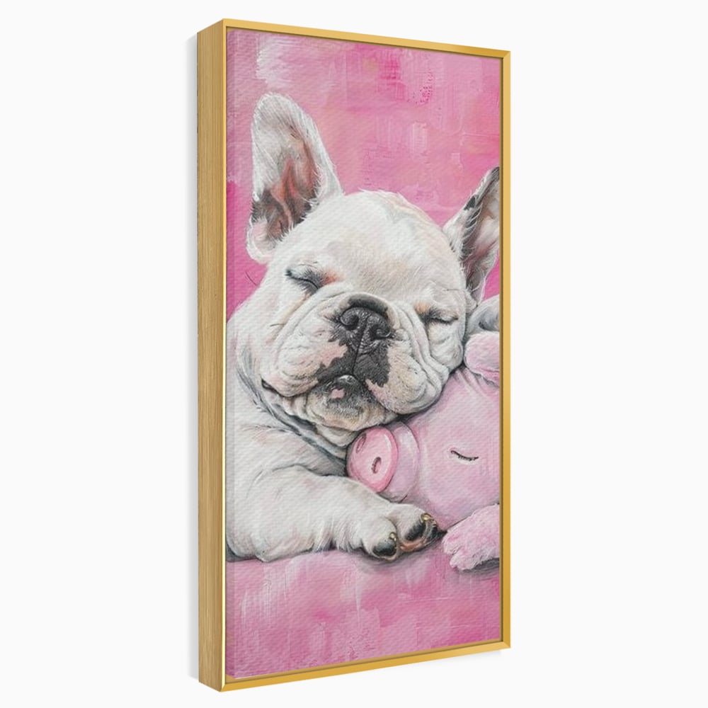 Tablou Canvas Premium, LuxCanva® M1253, Parteneri de Vise, Porcusor, Bulldog, Caine, Pui, Roz, Somn, Vis, Dragalas, Imbratisare, Prieteni, Birou, Living, Camera Copil