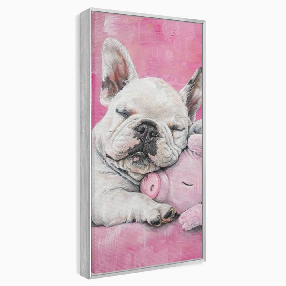 Tablou Canvas Premium, LuxCanva® M1253, Parteneri de Vise, Porcusor, Bulldog, Caine, Pui, Roz, Somn, Vis, Dragalas, Imbratisare, Prieteni, Birou, Living, Camera Copil
