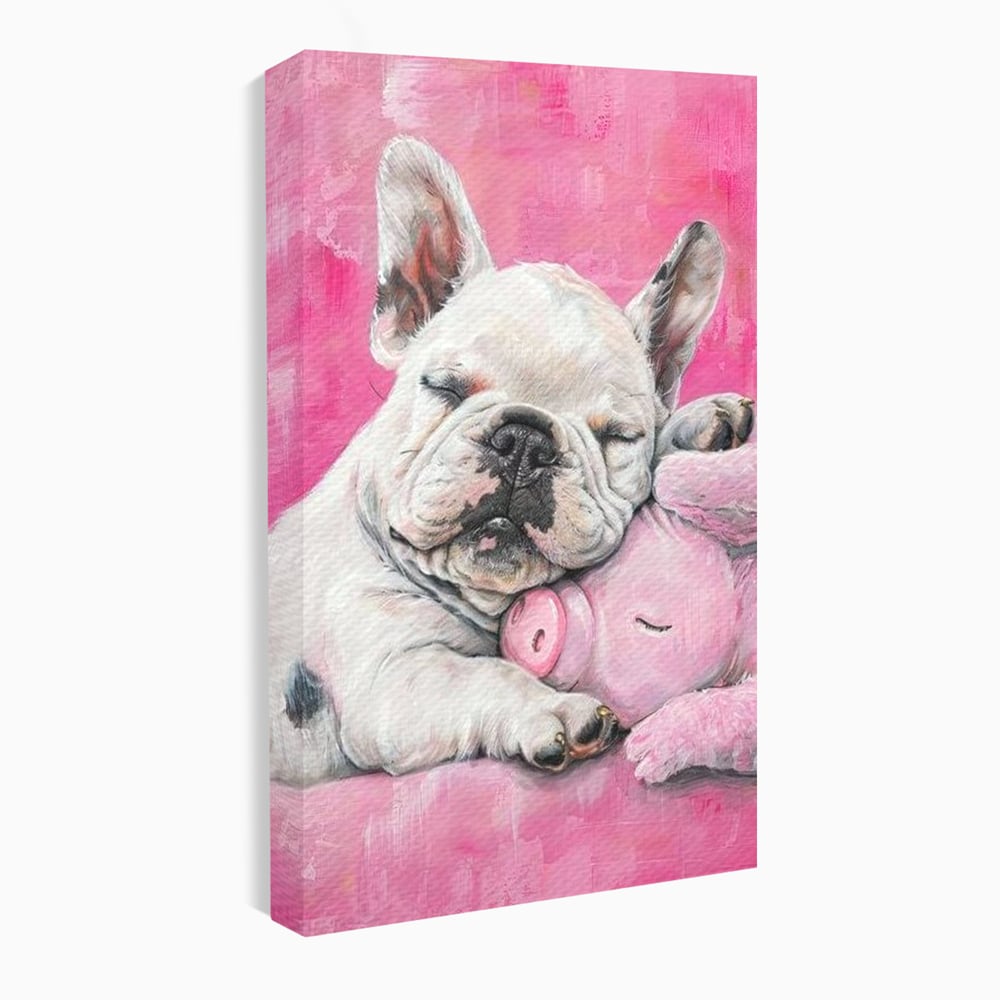 Tablou Canvas Premium, LuxCanva® M1253, Parteneri de Vise, Porcusor, Bulldog, Caine, Pui, Roz, Somn, Vis, Dragalas, Imbratisare, Prieteni, Birou, Living, Camera Copil