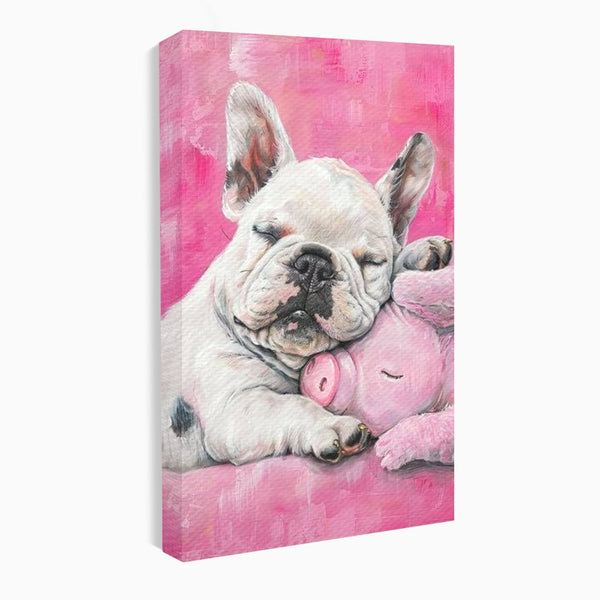 Tablou Canvas Premium, LuxCanva® M1253, Parteneri de Vise, Porcusor, Bulldog, Caine, Pui, Roz, Somn, Vis, Dragalas, Imbratisare, Prieteni, Birou, Living, Camera Copil