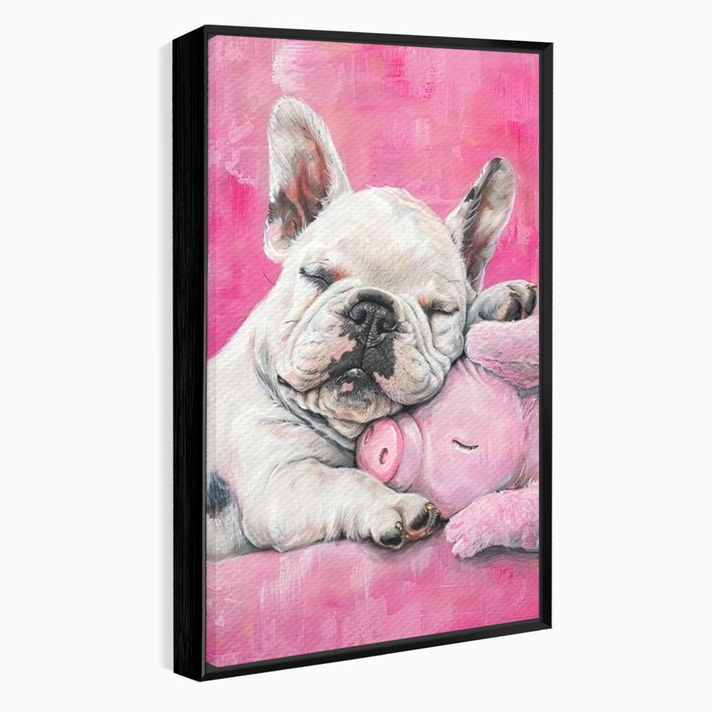 Tablou Canvas Premium, LuxCanva® M1253, Parteneri de Vise, Porcusor, Bulldog, Caine, Pui, Roz, Somn, Vis, Dragalas, Imbratisare, Prieteni, Birou, Living, Camera Copil