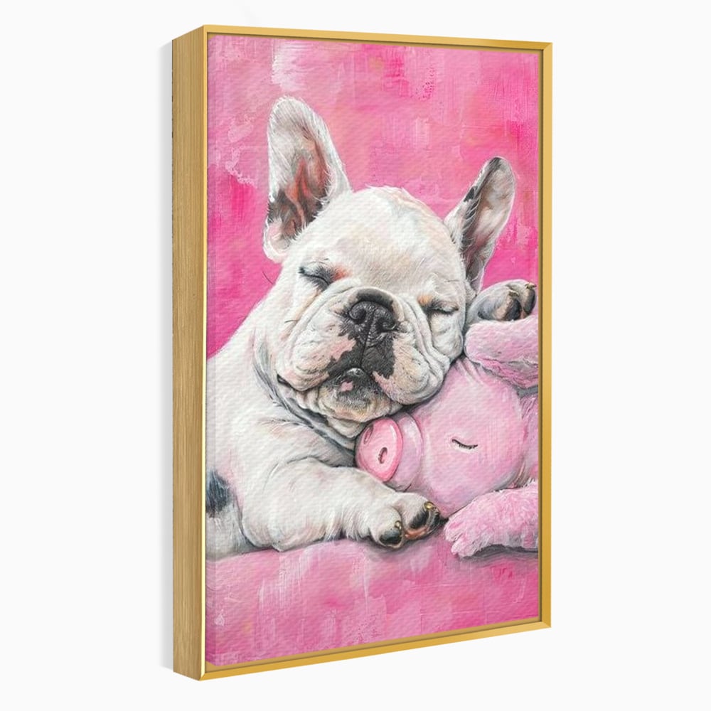 Tablou Canvas Premium, LuxCanva® M1253, Parteneri de Vise, Porcusor, Bulldog, Caine, Pui, Roz, Somn, Vis, Dragalas, Imbratisare, Prieteni, Birou, Living, Camera Copil