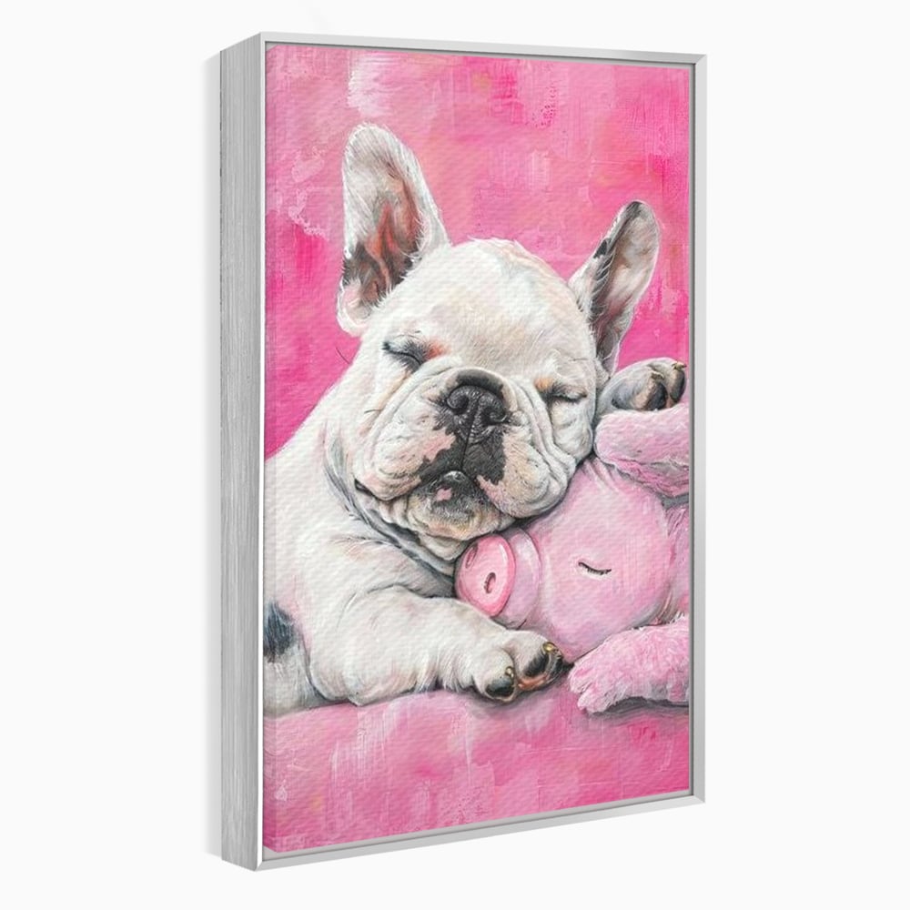 Tablou Canvas Premium, LuxCanva® M1253, Parteneri de Vise, Porcusor, Bulldog, Caine, Pui, Roz, Somn, Vis, Dragalas, Imbratisare, Prieteni, Birou, Living, Camera Copil