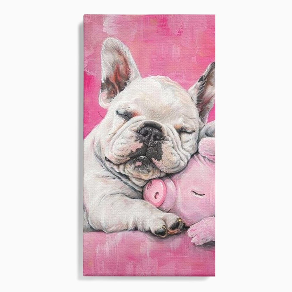 Tablou Canvas Premium, LuxCanva® M1253, Parteneri de Vise, Porcusor, Bulldog, Caine, Pui, Roz, Somn, Vis, Dragalas, Imbratisare, Prieteni, Birou, Living, Camera Copil