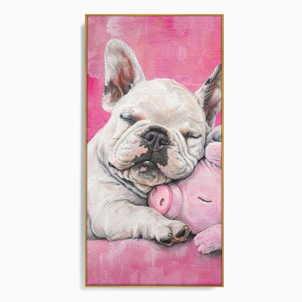 Tablou Canvas Premium, LuxCanva® M1253, Parteneri de Vise, Porcusor, Bulldog, Caine, Pui, Roz, Somn, Vis, Dragalas, Imbratisare, Prieteni, Birou, Living, Camera Copil