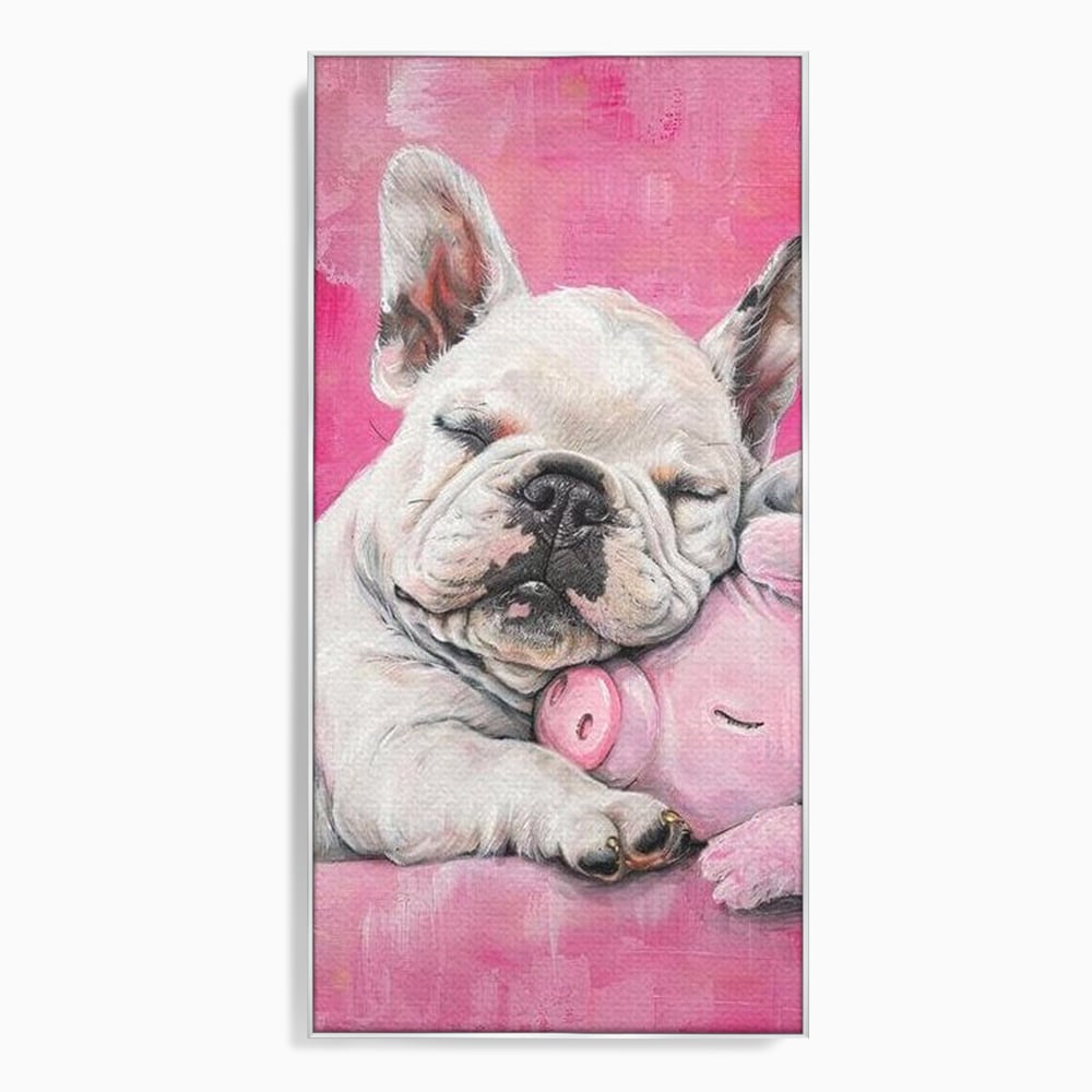 Tablou Canvas Premium, LuxCanva® M1253, Parteneri de Vise, Porcusor, Bulldog, Caine, Pui, Roz, Somn, Vis, Dragalas, Imbratisare, Prieteni, Birou, Living, Camera Copil