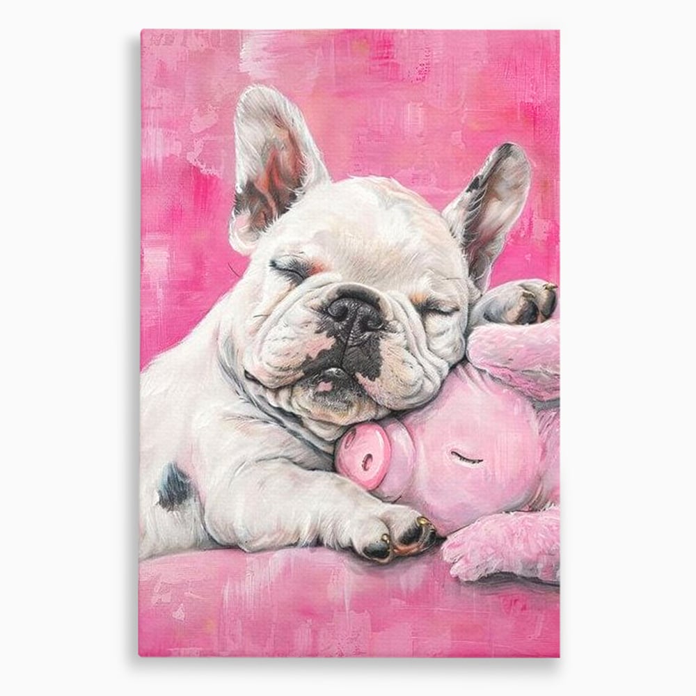 Tablou Canvas Premium, LuxCanva® M1253, Parteneri de Vise, Porcusor, Bulldog, Caine, Pui, Roz, Somn, Vis, Dragalas, Imbratisare, Prieteni, Birou, Living, Camera Copil