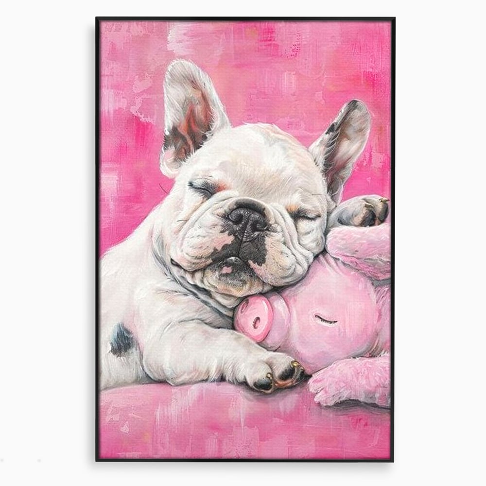 Tablou Canvas Premium, LuxCanva® M1253, Parteneri de Vise, Porcusor, Bulldog, Caine, Pui, Roz, Somn, Vis, Dragalas, Imbratisare, Prieteni, Birou, Living, Camera Copil