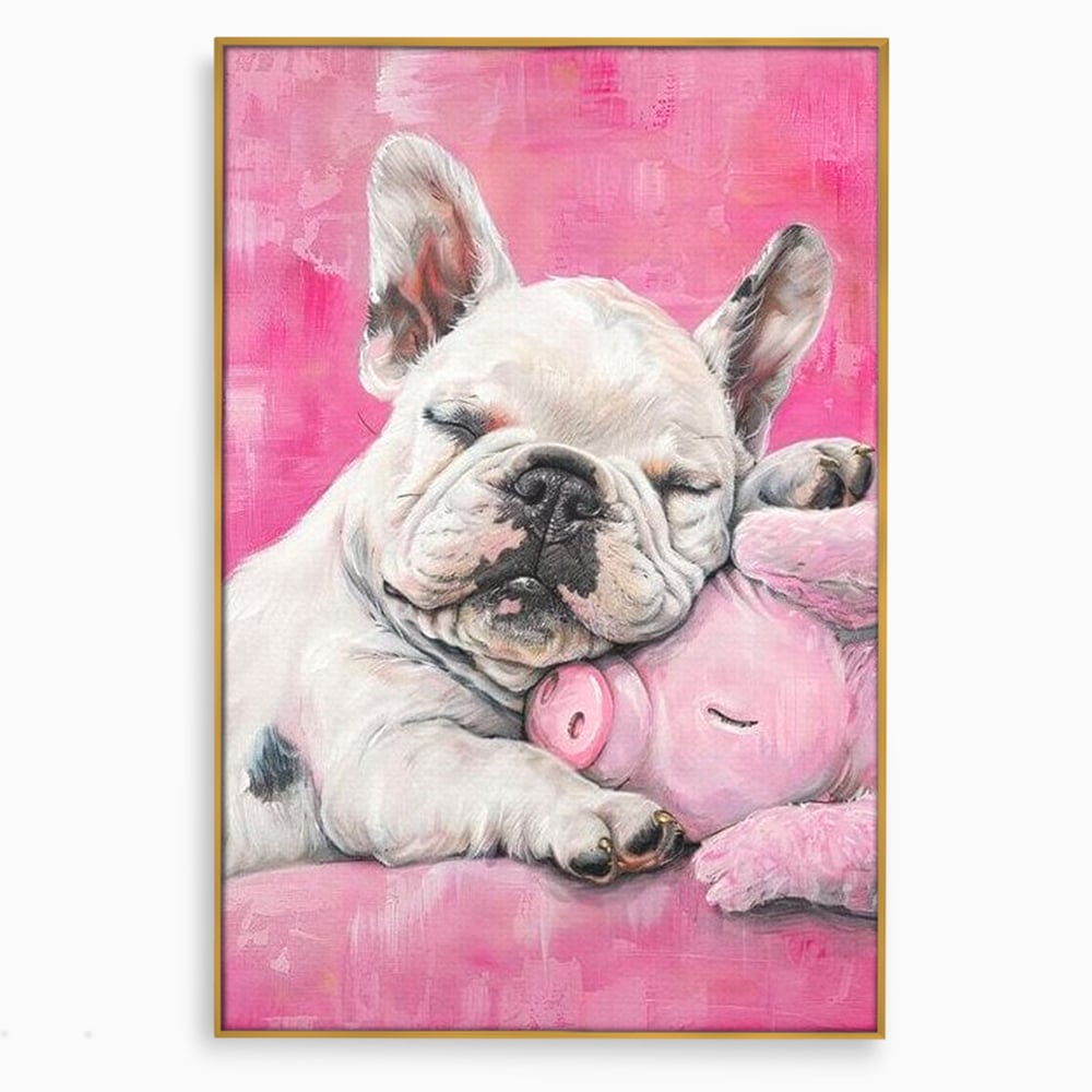 Tablou Canvas Premium, LuxCanva® M1253, Parteneri de Vise, Porcusor, Bulldog, Caine, Pui, Roz, Somn, Vis, Dragalas, Imbratisare, Prieteni, Birou, Living, Camera Copil