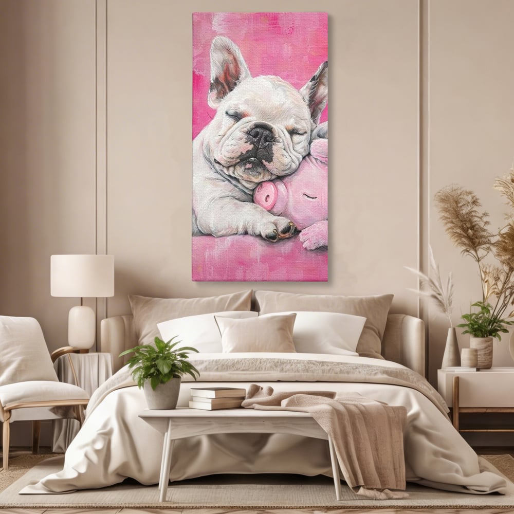 Tablou Canvas Premium, LuxCanva® M1253, Parteneri de Vise, Porcusor, Bulldog, Caine, Pui, Roz, Somn, Vis, Dragalas, Imbratisare, Prieteni, Birou, Living, Camera Copil