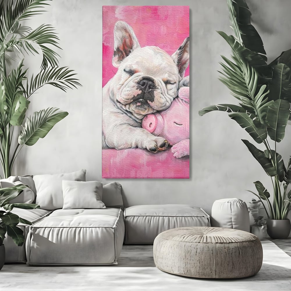 Tablou Canvas Premium, LuxCanva® M1253, Parteneri de Vise, Porcusor, Bulldog, Caine, Pui, Roz, Somn, Vis, Dragalas, Imbratisare, Prieteni, Birou, Living, Camera Copil