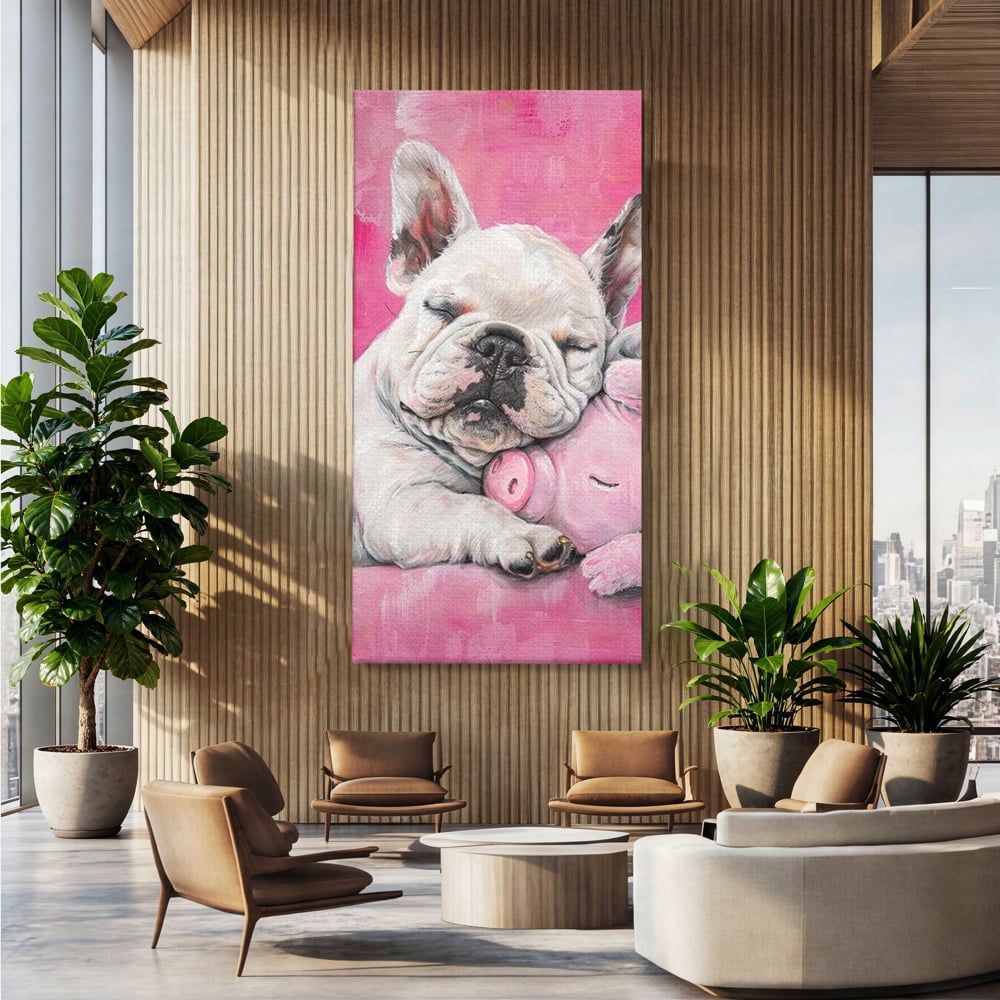 Tablou Canvas Premium, LuxCanva® M1253, Parteneri de Vise, Porcusor, Bulldog, Caine, Pui, Roz, Somn, Vis, Dragalas, Imbratisare, Prieteni, Birou, Living, Camera Copil