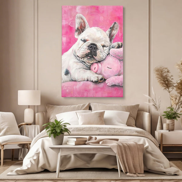 Tablou Canvas Premium, LuxCanva® M1253, Parteneri de Vise, Porcusor, Bulldog, Caine, Pui, Roz, Somn, Vis, Dragalas, Imbratisare, Prieteni, Birou, Living, Camera Copil