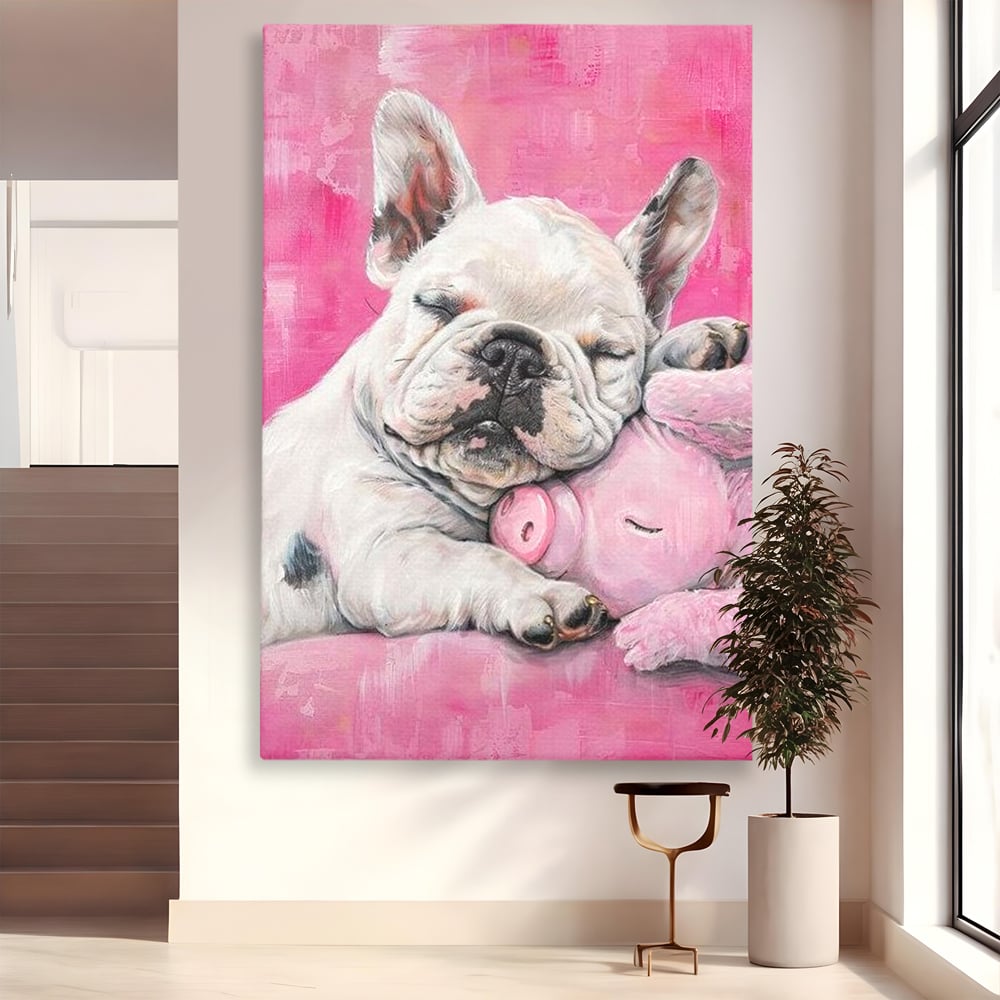 Tablou Canvas Premium, LuxCanva® M1253, Parteneri de Vise, Porcusor, Bulldog, Caine, Pui, Roz, Somn, Vis, Dragalas, Imbratisare, Prieteni, Birou, Living, Camera Copil