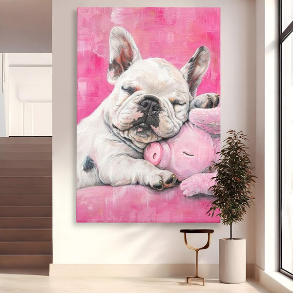 Tablou Canvas Premium, LuxCanva® M1253, Parteneri de Vise, Porcusor, Bulldog, Caine, Pui, Roz, Somn, Vis, Dragalas, Imbratisare, Prieteni, Birou, Living, Camera Copil