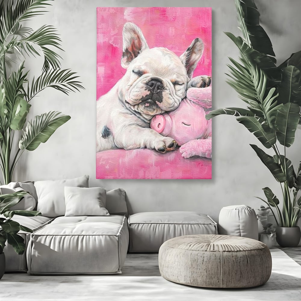 Tablou Canvas Premium, LuxCanva® M1253, Parteneri de Vise, Porcusor, Bulldog, Caine, Pui, Roz, Somn, Vis, Dragalas, Imbratisare, Prieteni, Birou, Living, Camera Copil