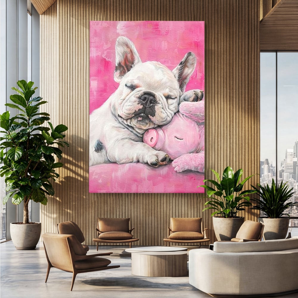 Tablou Canvas Premium, LuxCanva® M1253, Parteneri de Vise, Porcusor, Bulldog, Caine, Pui, Roz, Somn, Vis, Dragalas, Imbratisare, Prieteni, Birou, Living, Camera Copil