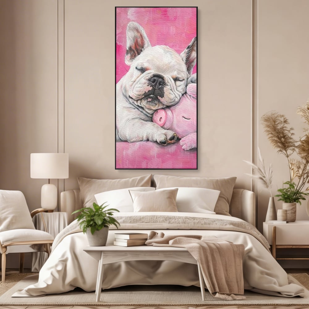 Tablou Canvas Premium, LuxCanva® M1253, Parteneri de Vise, Porcusor, Bulldog, Caine, Pui, Roz, Somn, Vis, Dragalas, Imbratisare, Prieteni, Birou, Living, Camera Copil
