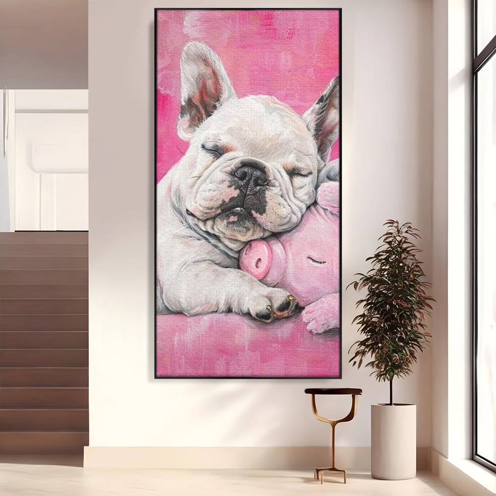 Tablou Canvas Premium, LuxCanva® M1253, Parteneri de Vise, Porcusor, Bulldog, Caine, Pui, Roz, Somn, Vis, Dragalas, Imbratisare, Prieteni, Birou, Living, Camera Copil