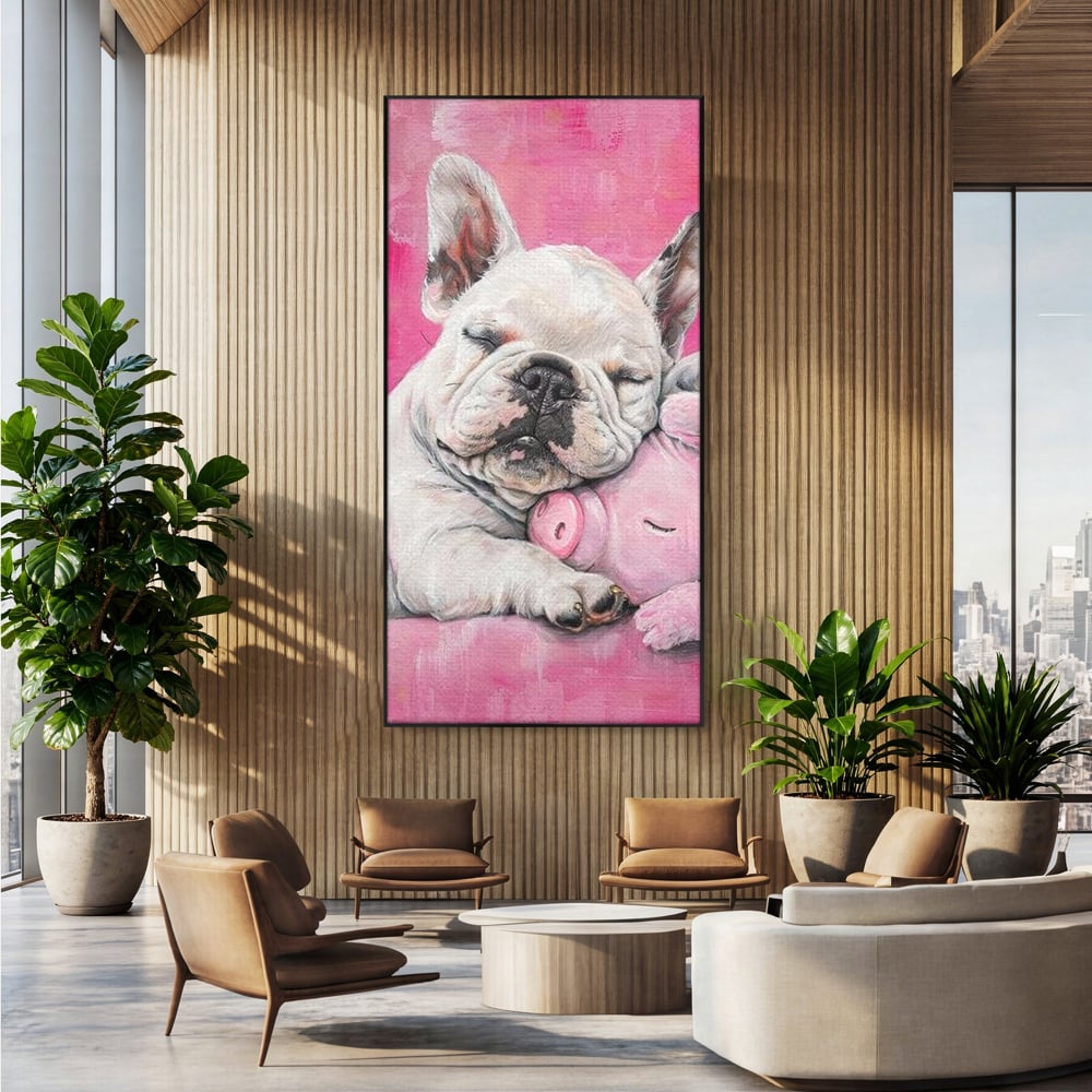 Tablou Canvas Premium, LuxCanva® M1253, Parteneri de Vise, Porcusor, Bulldog, Caine, Pui, Roz, Somn, Vis, Dragalas, Imbratisare, Prieteni, Birou, Living, Camera Copil
