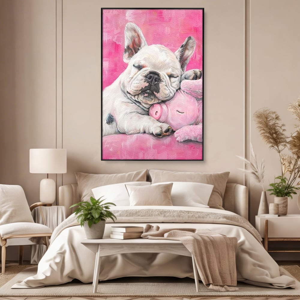 Tablou Canvas Premium, LuxCanva® M1253, Parteneri de Vise, Porcusor, Bulldog, Caine, Pui, Roz, Somn, Vis, Dragalas, Imbratisare, Prieteni, Birou, Living, Camera Copil
