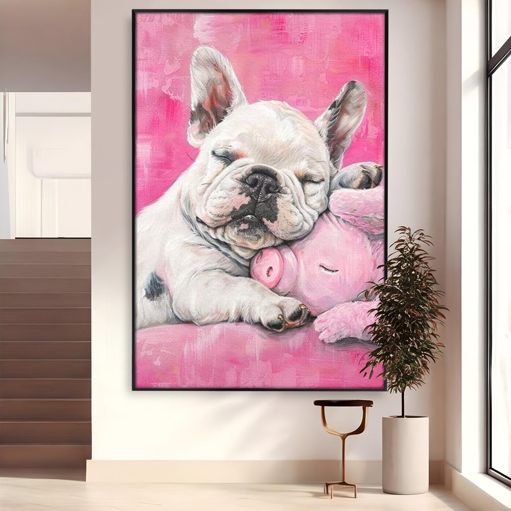 Tablou Canvas Premium, LuxCanva® M1253, Parteneri de Vise, Porcusor, Bulldog, Caine, Pui, Roz, Somn, Vis, Dragalas, Imbratisare, Prieteni, Birou, Living, Camera Copil