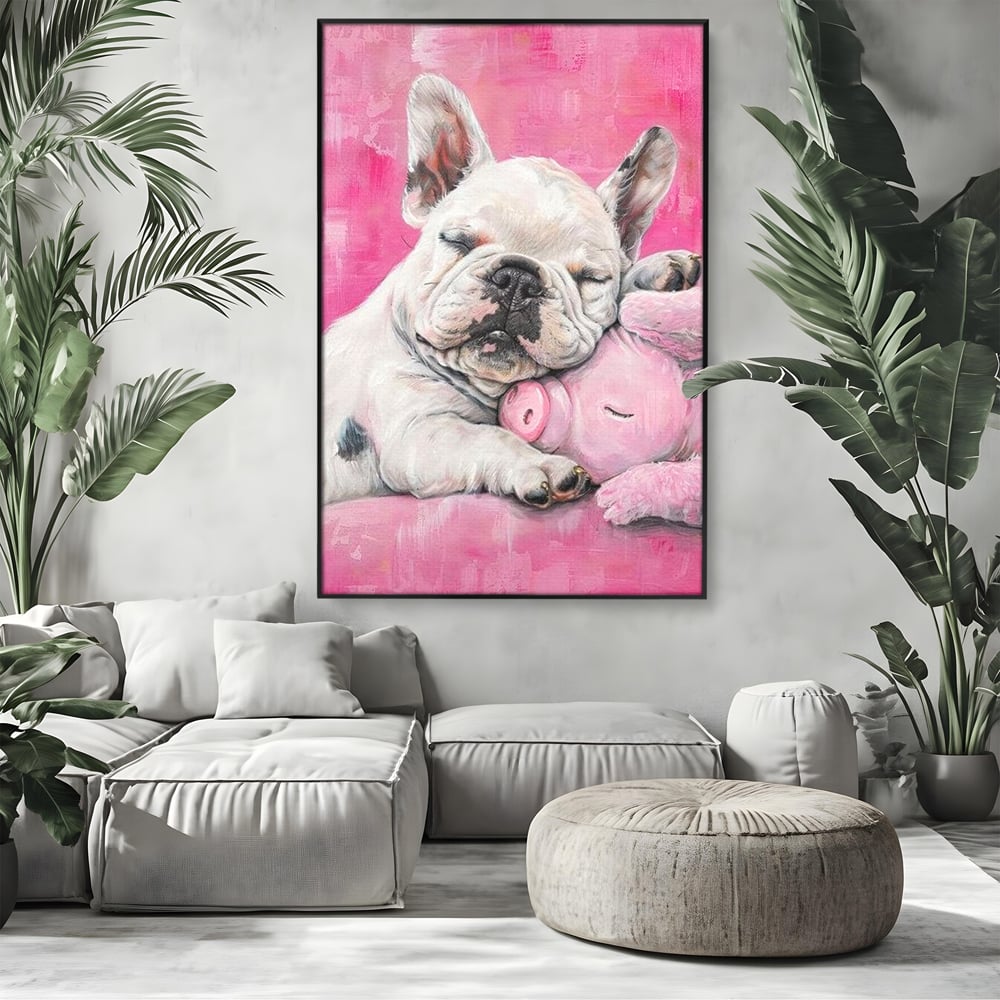 Tablou Canvas Premium, LuxCanva® M1253, Parteneri de Vise, Porcusor, Bulldog, Caine, Pui, Roz, Somn, Vis, Dragalas, Imbratisare, Prieteni, Birou, Living, Camera Copil