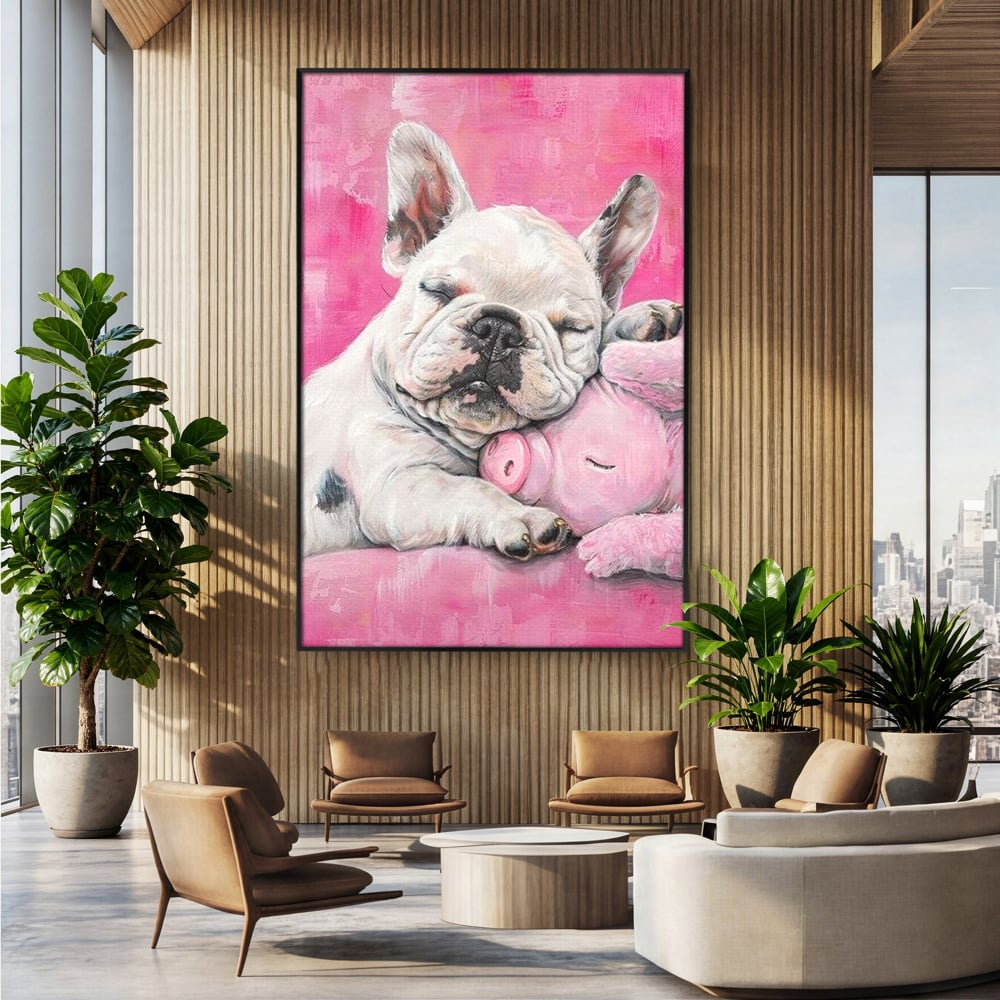 Tablou Canvas Premium, LuxCanva® M1253, Parteneri de Vise, Porcusor, Bulldog, Caine, Pui, Roz, Somn, Vis, Dragalas, Imbratisare, Prieteni, Birou, Living, Camera Copil