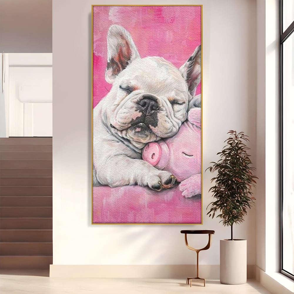 Tablou Canvas Premium, LuxCanva® M1253, Parteneri de Vise, Porcusor, Bulldog, Caine, Pui, Roz, Somn, Vis, Dragalas, Imbratisare, Prieteni, Birou, Living, Camera Copil