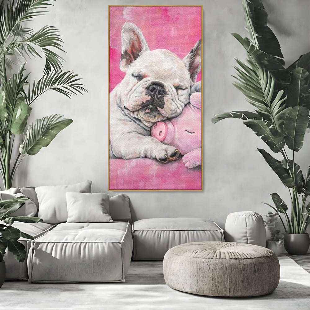 Tablou Canvas Premium, LuxCanva® M1253, Parteneri de Vise, Porcusor, Bulldog, Caine, Pui, Roz, Somn, Vis, Dragalas, Imbratisare, Prieteni, Birou, Living, Camera Copil