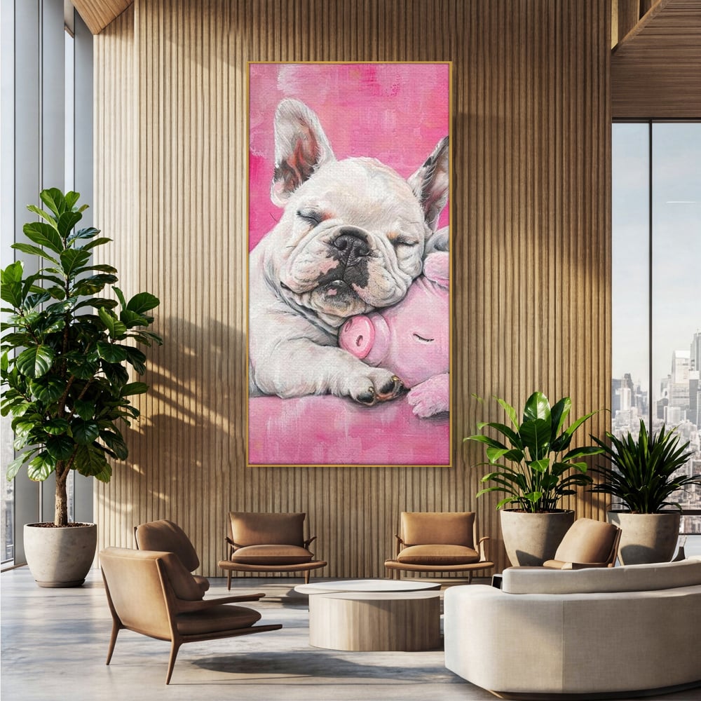 Tablou Canvas Premium, LuxCanva® M1253, Parteneri de Vise, Porcusor, Bulldog, Caine, Pui, Roz, Somn, Vis, Dragalas, Imbratisare, Prieteni, Birou, Living, Camera Copil