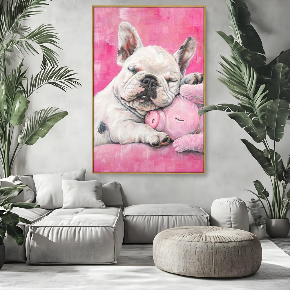 Tablou Canvas Premium, LuxCanva® M1253, Parteneri de Vise, Porcusor, Bulldog, Caine, Pui, Roz, Somn, Vis, Dragalas, Imbratisare, Prieteni, Birou, Living, Camera Copil