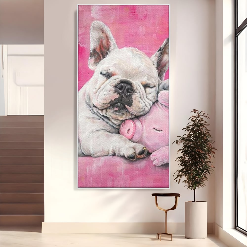 Tablou Canvas Premium, LuxCanva® M1253, Parteneri de Vise, Porcusor, Bulldog, Caine, Pui, Roz, Somn, Vis, Dragalas, Imbratisare, Prieteni, Birou, Living, Camera Copil