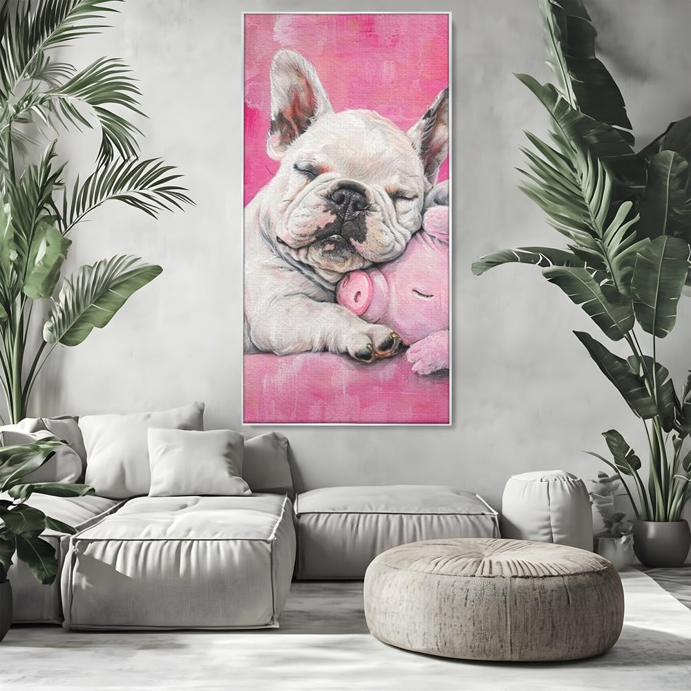 Tablou Canvas Premium, LuxCanva® M1253, Parteneri de Vise, Porcusor, Bulldog, Caine, Pui, Roz, Somn, Vis, Dragalas, Imbratisare, Prieteni, Birou, Living, Camera Copil