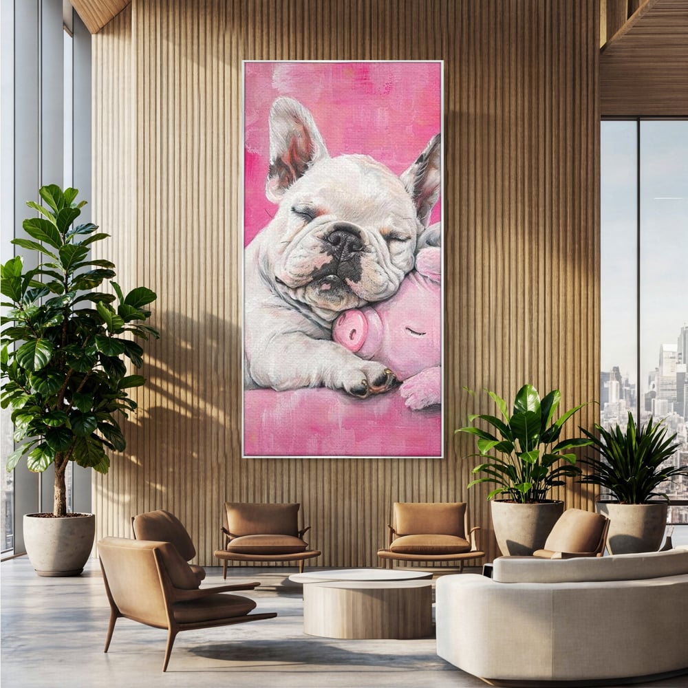 Tablou Canvas Premium, LuxCanva® M1253, Parteneri de Vise, Porcusor, Bulldog, Caine, Pui, Roz, Somn, Vis, Dragalas, Imbratisare, Prieteni, Birou, Living, Camera Copil