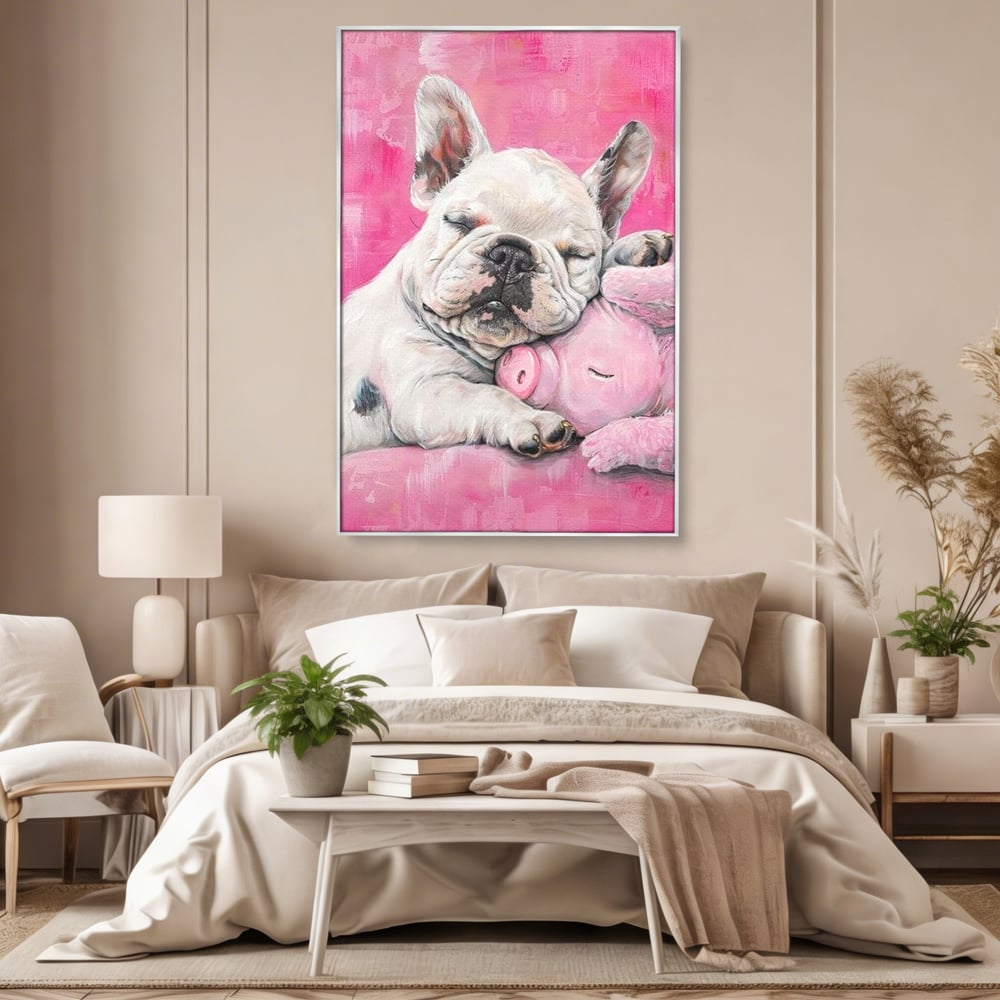 Tablou Canvas Premium, LuxCanva® M1253, Parteneri de Vise, Porcusor, Bulldog, Caine, Pui, Roz, Somn, Vis, Dragalas, Imbratisare, Prieteni, Birou, Living, Camera Copil