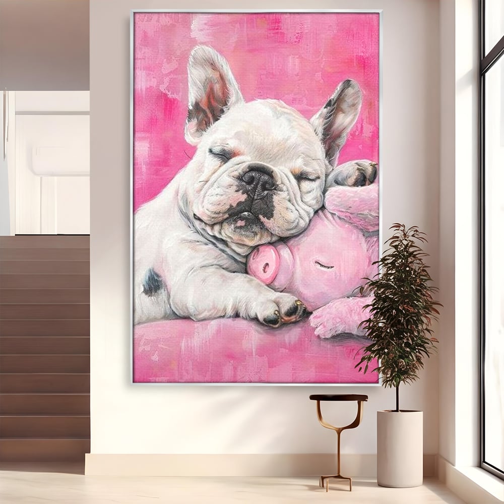 Tablou Canvas Premium, LuxCanva® M1253, Parteneri de Vise, Porcusor, Bulldog, Caine, Pui, Roz, Somn, Vis, Dragalas, Imbratisare, Prieteni, Birou, Living, Camera Copil