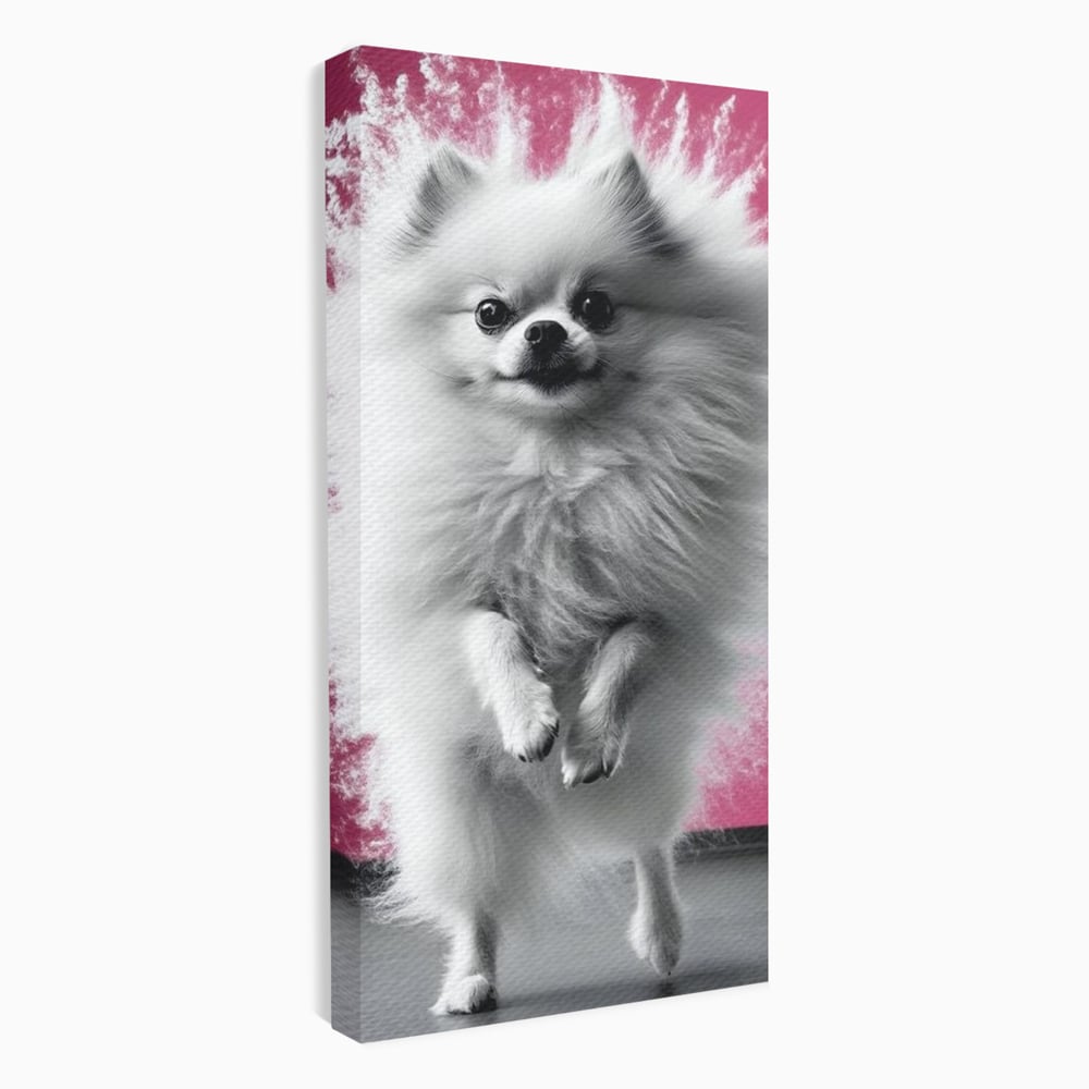 Tablou Canvas Premium, LuxCanva® M1254, Explozie de Puf, Caine, Pomeranian, Pufosenie, Alb, Roz, Explozie, Adorabil, Blanita, Dinamic, Jucaus, Birou, Living, Camera Copil