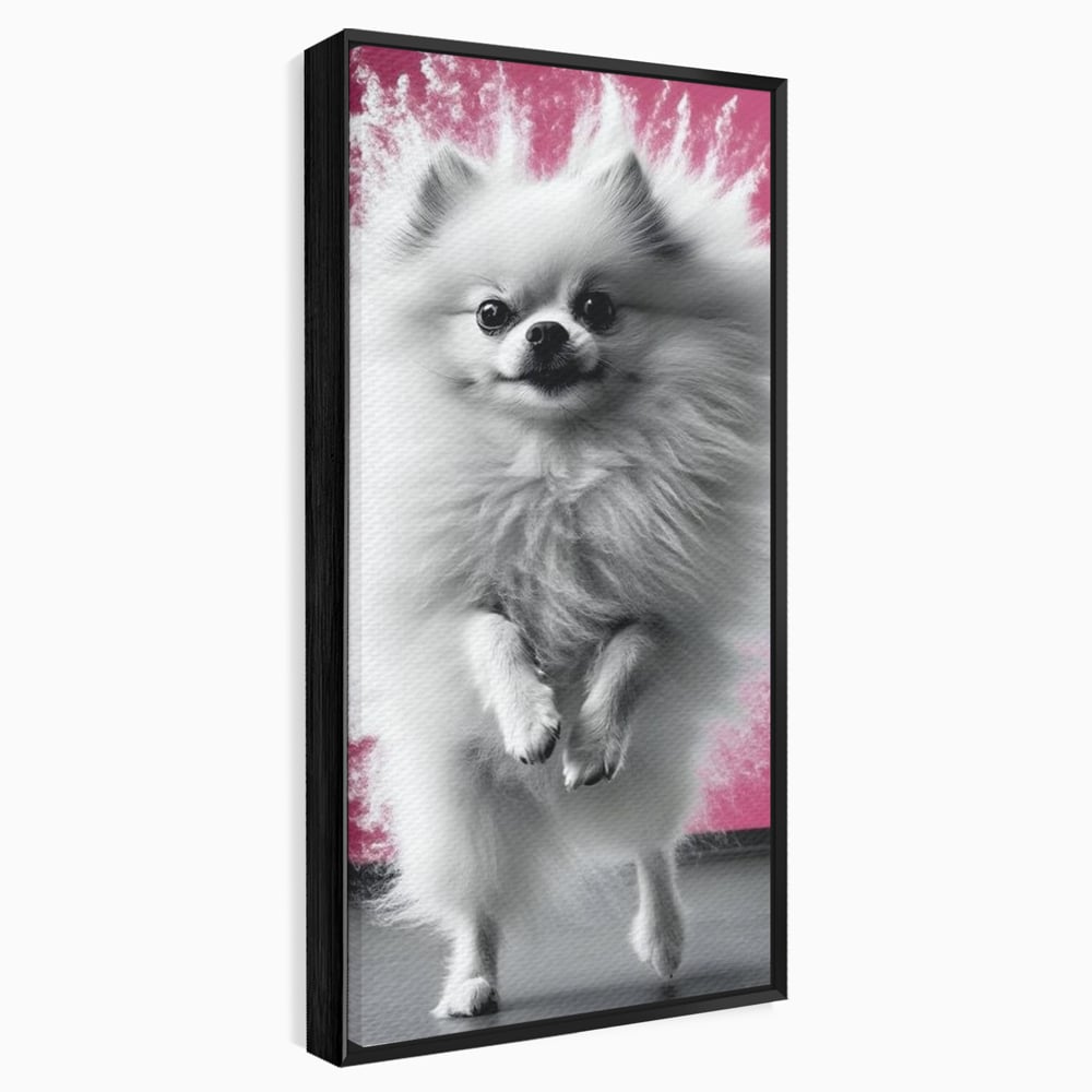 Tablou Canvas Premium, LuxCanva® M1254, Explozie de Puf, Caine, Pomeranian, Pufosenie, Alb, Roz, Explozie, Adorabil, Blanita, Dinamic, Jucaus, Birou, Living, Camera Copil