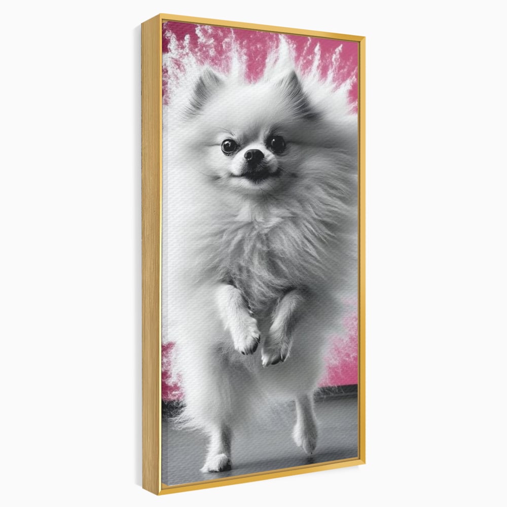 Tablou Canvas Premium, LuxCanva® M1254, Explozie de Puf, Caine, Pomeranian, Pufosenie, Alb, Roz, Explozie, Adorabil, Blanita, Dinamic, Jucaus, Birou, Living, Camera Copil
