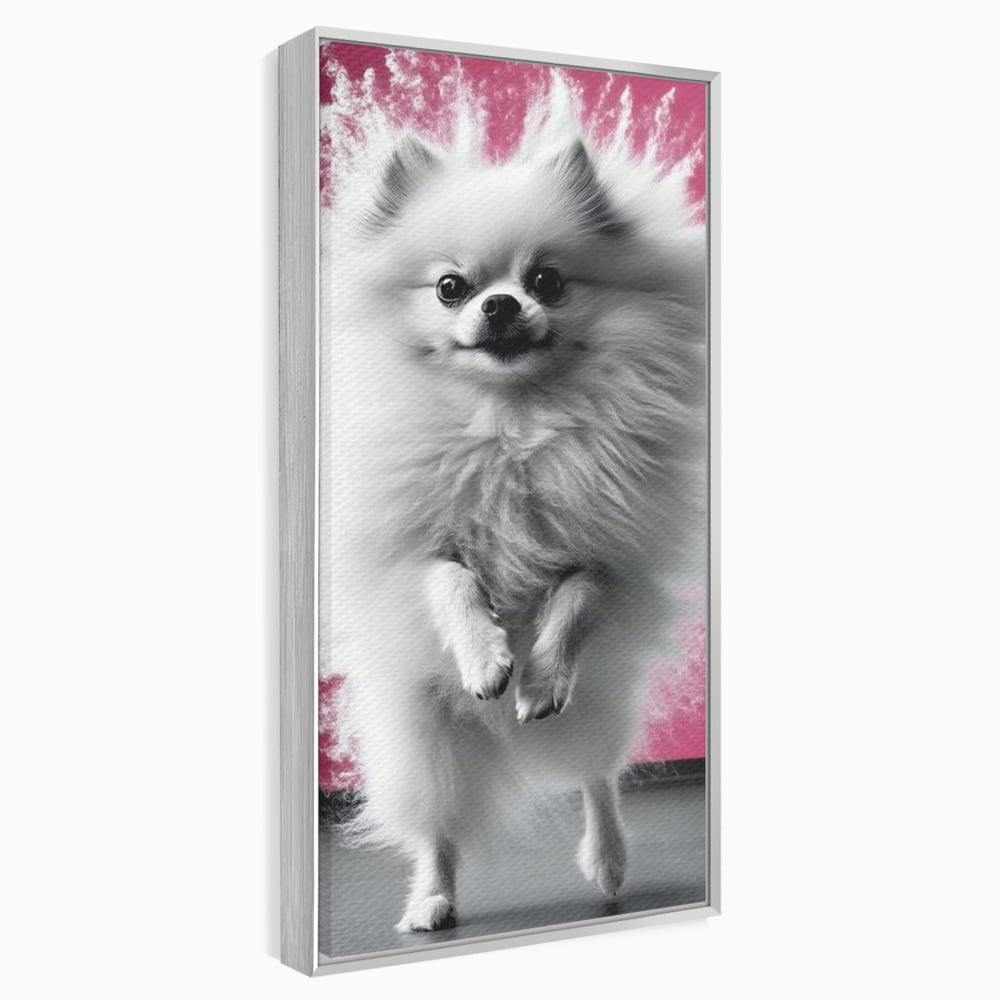 Tablou Canvas Premium, LuxCanva® M1254, Explozie de Puf, Caine, Pomeranian, Pufosenie, Alb, Roz, Explozie, Adorabil, Blanita, Dinamic, Jucaus, Birou, Living, Camera Copil