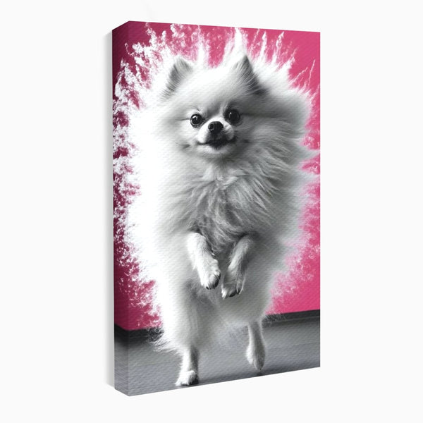 Tablou Canvas Premium, LuxCanva® M1254, Explozie de Puf, Caine, Pomeranian, Pufosenie, Alb, Roz, Explozie, Adorabil, Blanita, Dinamic, Jucaus, Birou, Living, Camera Copil