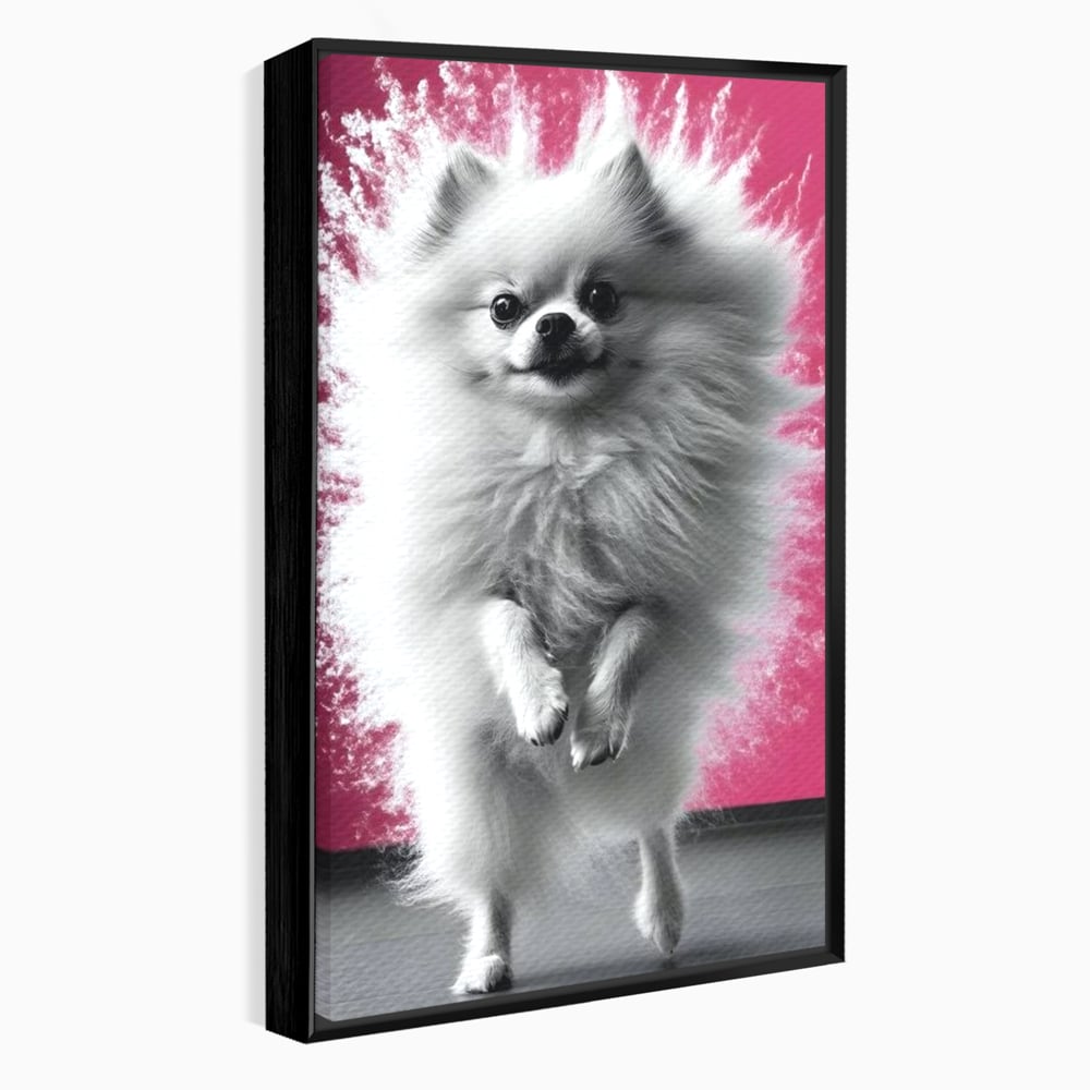 Tablou Canvas Premium, LuxCanva® M1254, Explozie de Puf, Caine, Pomeranian, Pufosenie, Alb, Roz, Explozie, Adorabil, Blanita, Dinamic, Jucaus, Birou, Living, Camera Copil