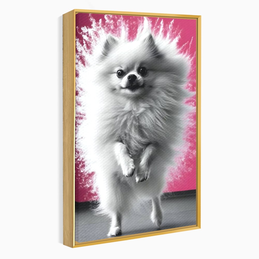 Tablou Canvas Premium, LuxCanva® M1254, Explozie de Puf, Caine, Pomeranian, Pufosenie, Alb, Roz, Explozie, Adorabil, Blanita, Dinamic, Jucaus, Birou, Living, Camera Copil