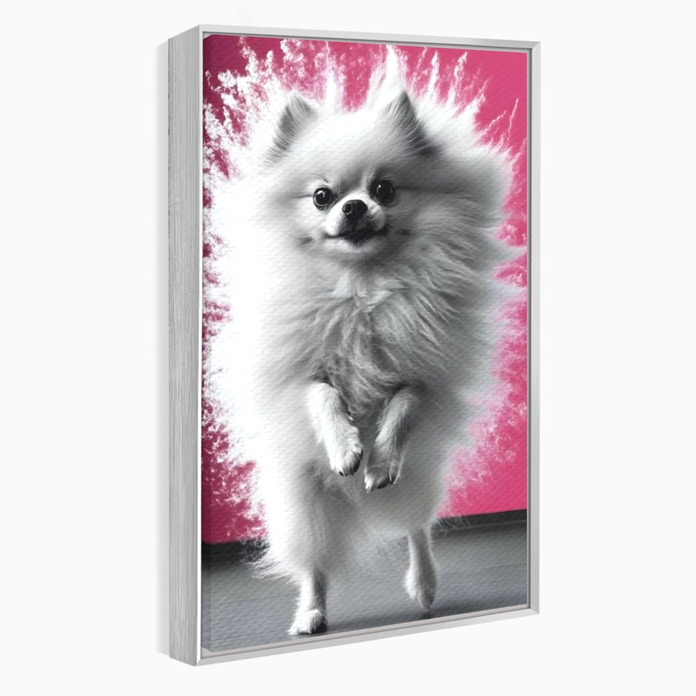 Tablou Canvas Premium, LuxCanva® M1254, Explozie de Puf, Caine, Pomeranian, Pufosenie, Alb, Roz, Explozie, Adorabil, Blanita, Dinamic, Jucaus, Birou, Living, Camera Copil