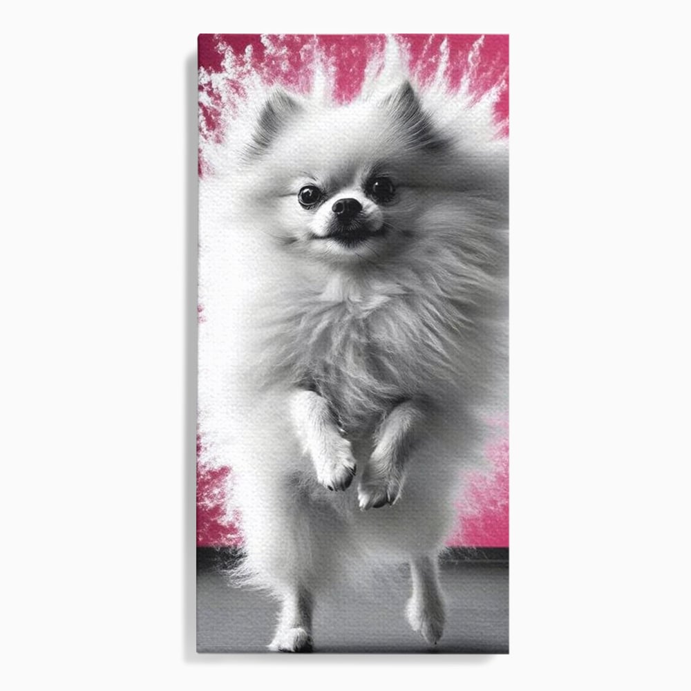 Tablou Canvas Premium, LuxCanva® M1254, Explozie de Puf, Caine, Pomeranian, Pufosenie, Alb, Roz, Explozie, Adorabil, Blanita, Dinamic, Jucaus, Birou, Living, Camera Copil