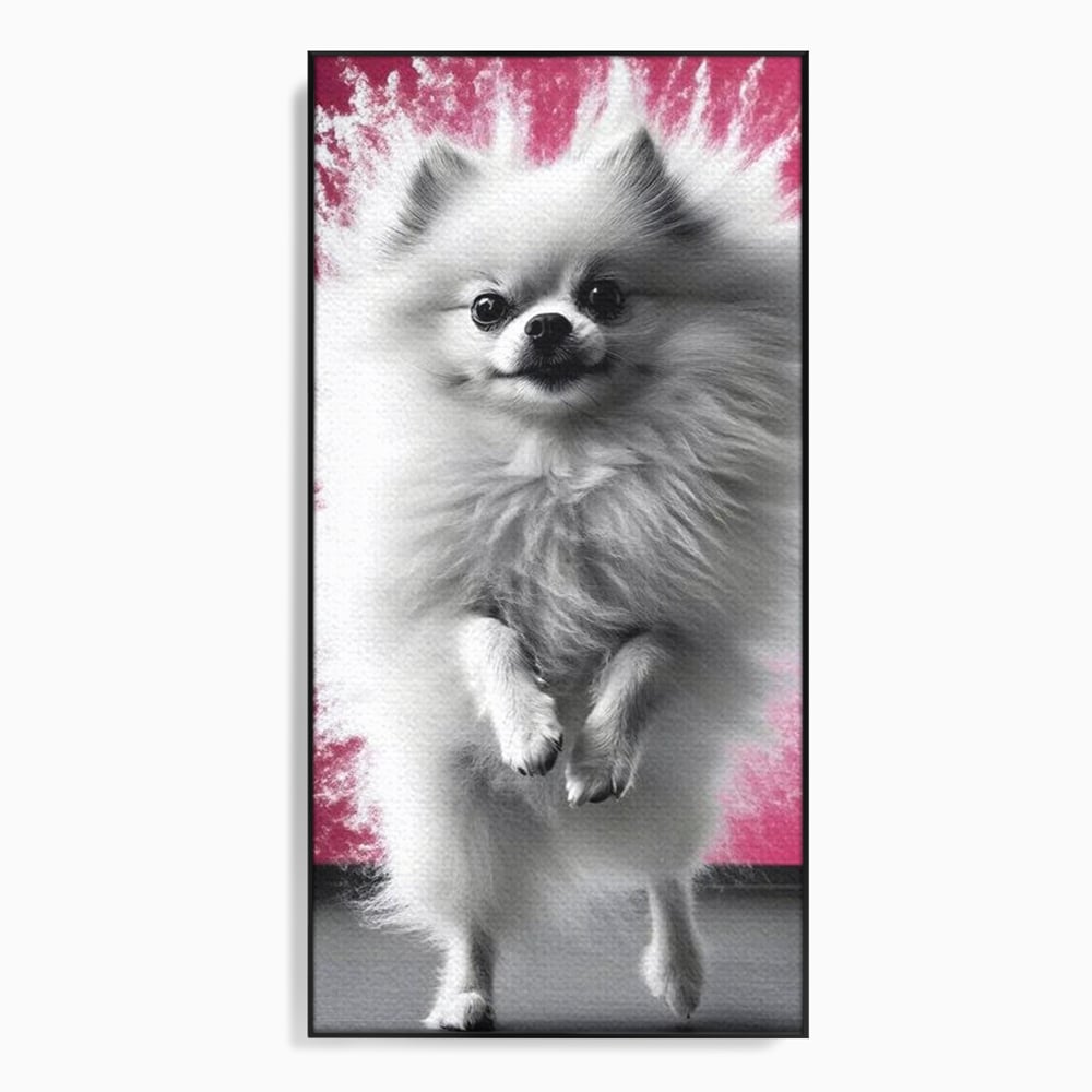 Tablou Canvas Premium, LuxCanva® M1254, Explozie de Puf, Caine, Pomeranian, Pufosenie, Alb, Roz, Explozie, Adorabil, Blanita, Dinamic, Jucaus, Birou, Living, Camera Copil