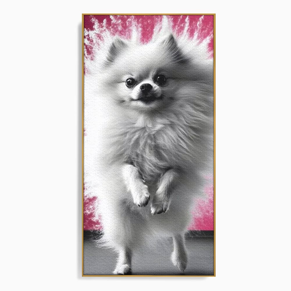 Tablou Canvas Premium, LuxCanva® M1254, Explozie de Puf, Caine, Pomeranian, Pufosenie, Alb, Roz, Explozie, Adorabil, Blanita, Dinamic, Jucaus, Birou, Living, Camera Copil
